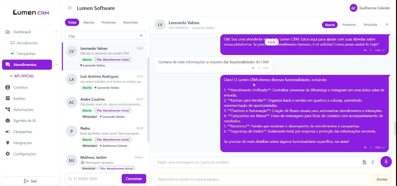 Lumen CRM: atendimento e vendas com IA